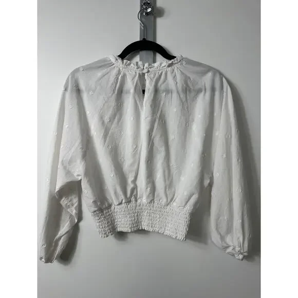 Maeve Anthropologie Blouse Womens 4 White Cropped Clip Dot Puffed Sleeve Top A2 - Picture 5 of 7